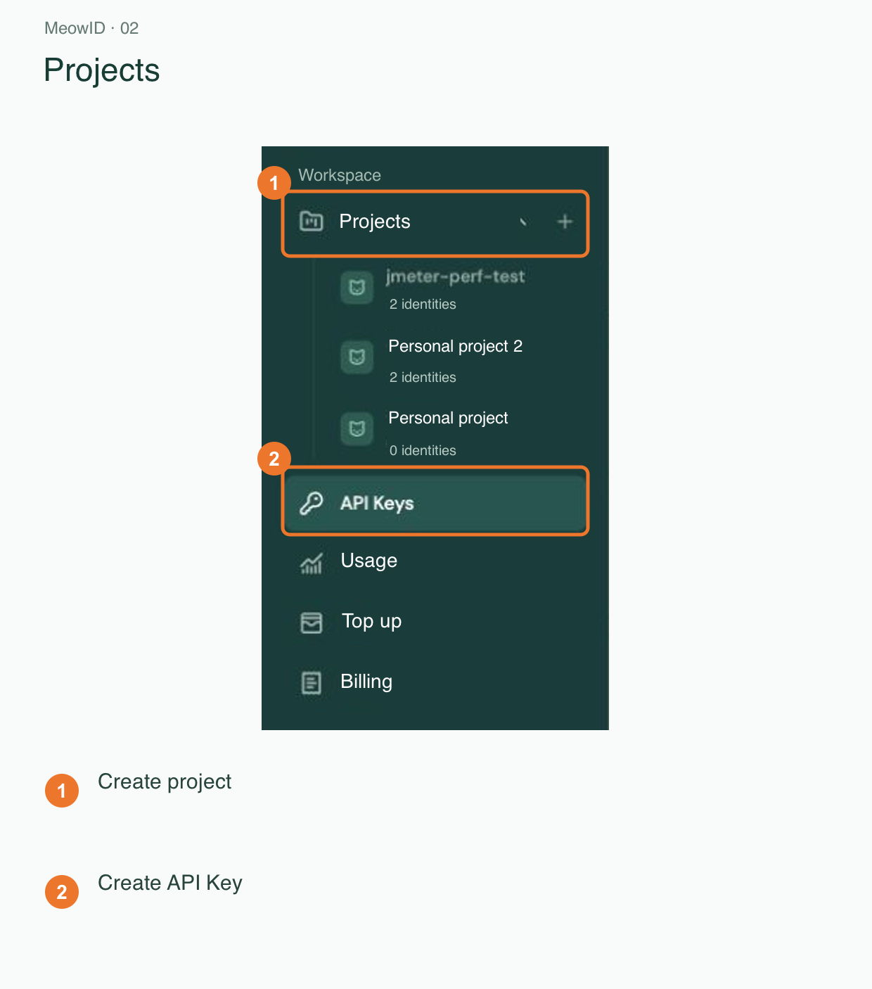 2. Projects and API Keys navigation