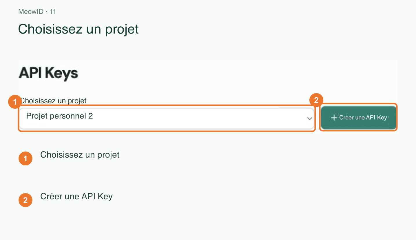 11. Sélection du projet et création de la clé
